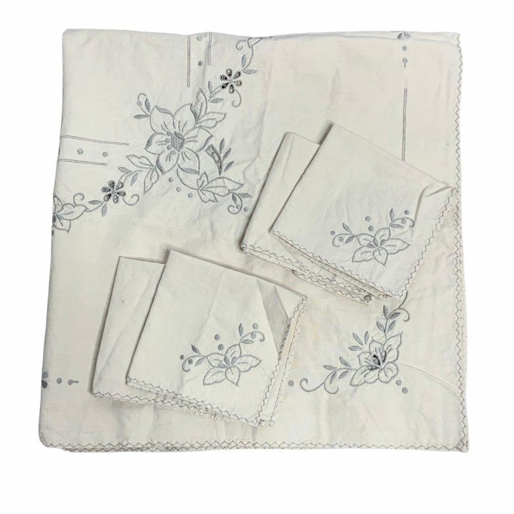 Set of 4 Vintage Napkins Tablecloth 32 x 33 Beige Grey Floral Cutout Embroidery